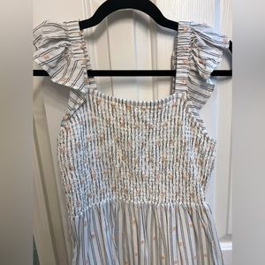 LOFT Petite Clip Stripe Smocked Ruffle Midi Dress
